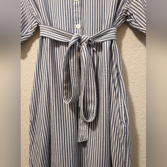 Gap Blue Striped Short Sleeve Belted Button-Up Midi Shirt Dress Preppy Nautical - Picture 6 of 11